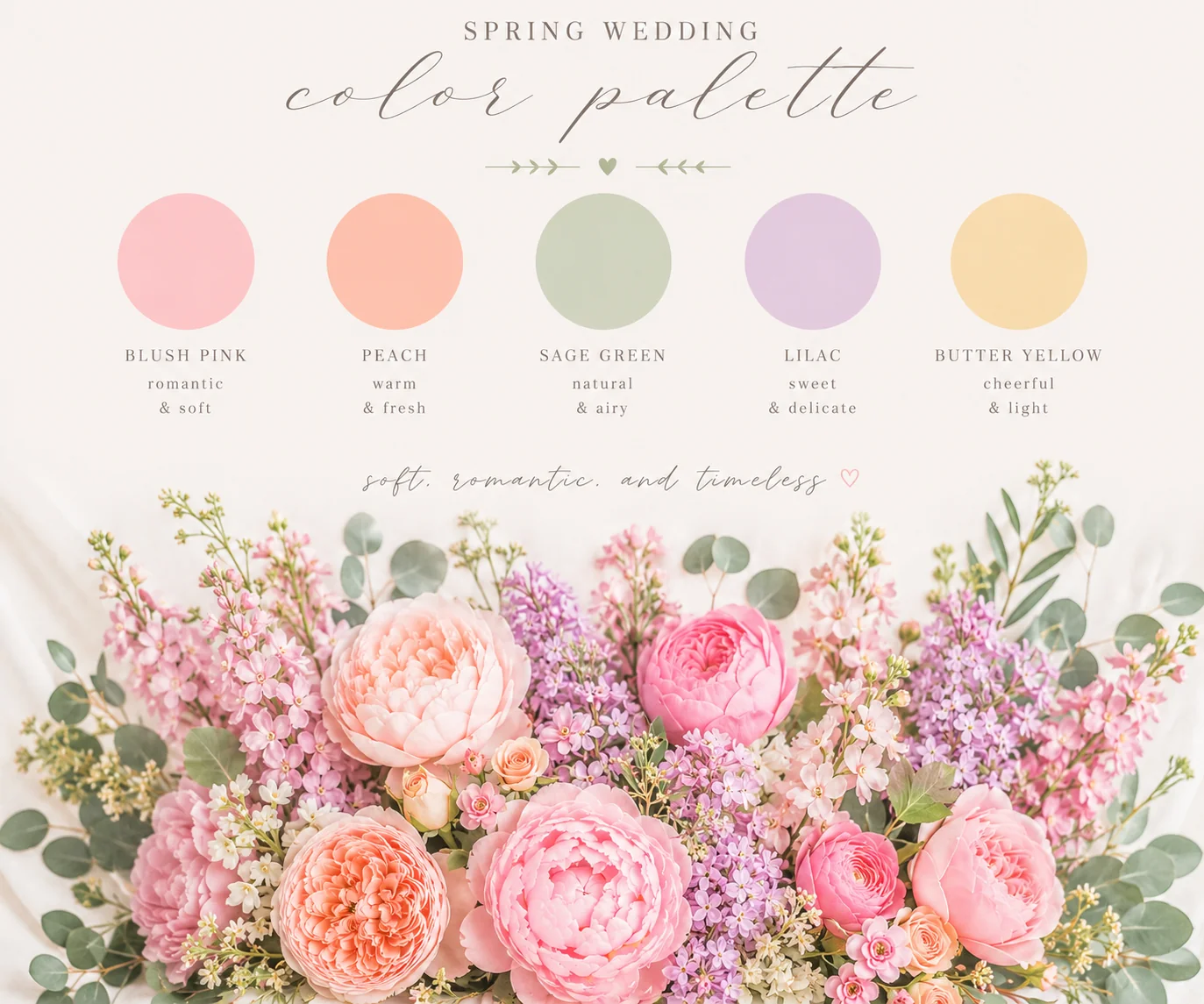 Spring Wedding Color Palette — Blush Pink, Peach, Sage Green, Lilac, and Butter Yellow, with soft, romantic, and timeless spring florals